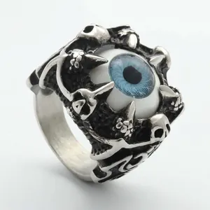 Detailed macro view of a gothic punk dragon claw ring with a realistic blue eye and skull