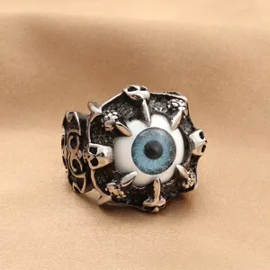 Gothic titanium steel dragon claw ring featuring a realistic blue eye and skull details