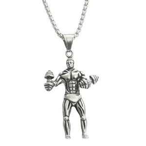 Ciondolo fitness manubrio in acciaio inossidabile vintage con figura di atleta e catena