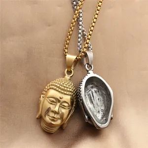 Punk style stainless steel Buddha head pendant necklace in gold and silver finish