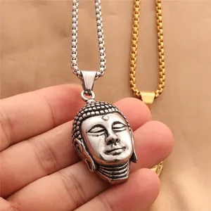 Retro stainless steel Buddha head pendant with box chain for men in gold and silver