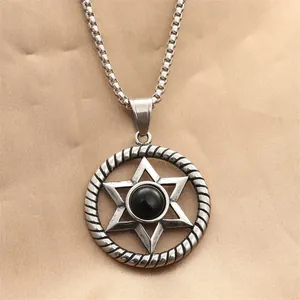 Retro Edelstahl Hexagramm Davidstern Anhänger Halskette Für Herren Vintage Punk Schmuck Mit Schwarzem Rundem Edelstein