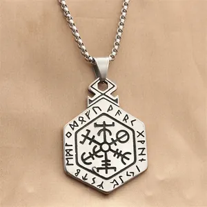 Collana Con Ciondolo Totem Rune Vichinghe Vintage Da Uomo In Acciaio Inossidabile Bussola Vegvisir Ciondolo Esagonale Gioielli