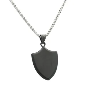 Men's punk matte black shield pendant with stainless steel box chain on white background
