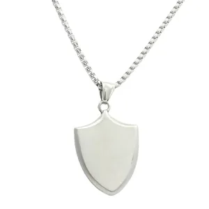 Silver shield pendant necklace made of brushed titanium steel with box chain for men