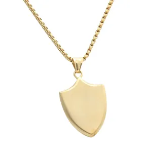Gold stainless steel shield pendant necklace with a minimalist box chain for men and women