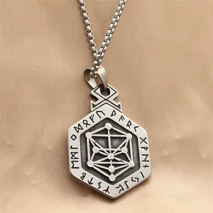 Pendente vintage in acciaio inossidabile con cubo di Metatron e rune sulla seta