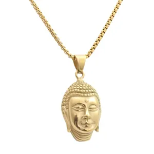 Punk style golden stainless steel Buddha head pendant necklace with box chain