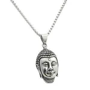 Retro stainless steel Buddha head pendant with oxidized finish and box chain for men