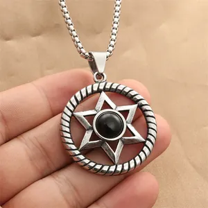Halskette aus Edelstahl mit Hexagramm-Anhänger, schwarzem Edelstein und Box-Kette