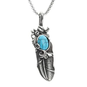 Pendente piuma in acciaio inossidabile con pietra di turchese in stile punk retrò