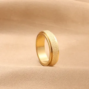 Macro detail of golden matte sand finish and polished inner band on titanium steel ring