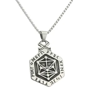 Collana totem esagonale retrò in acciaio inossidabile con rune nordiche per uomini