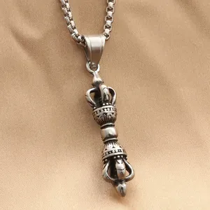 Vintage Stainless Steel Vajra Dorje Pendant Necklace For Men Punk Religious Tibetan Buddhism Amulet Jewelry Gift Silver