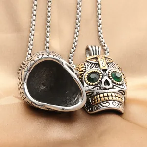 Punk vintage titanium steel skull pendant necklace with green crystal eyes and gold relief