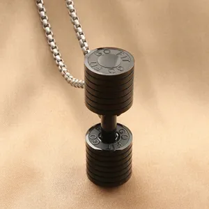 Punk black dumbbell pendant necklace with GO FIT engraving and silver steel chain