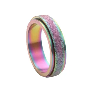 Rainbow titanium steel ring with frosted purple finish and metallic iridescent glow