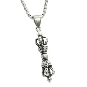 Vintage stainless steel Vajra pendant necklace with punk style box chain for men