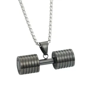 Punk style stainless steel dumbbell necklace with GO FIT engraving on a white background