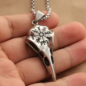 Vintage stainless steel Viking bird skull pendant with Vegvisir compass on box chain