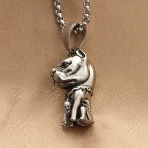 Pendentif bouledogue punk en acier inoxydable vintage avec petit crâne sur chaîne box