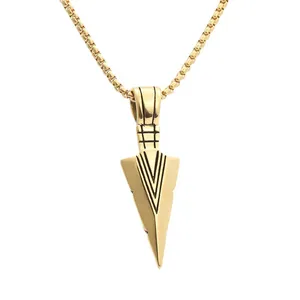 Vintage punk style golden titanium steel arrowhead pendant necklace with box chain