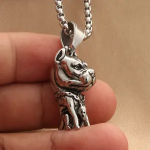Collier pendentif bouledogue punk en acier inoxydable avec chaîne à billes argentée