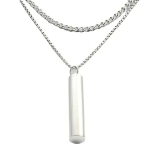 Double-layered stainless steel silver necklace with cylindrical pendant in punk style