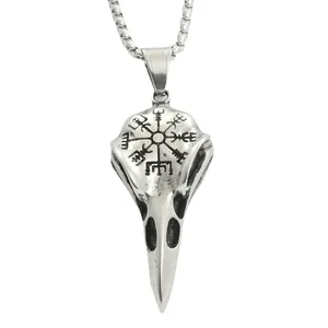 Vintage punk eagle skull necklace in stainless steel with Viking Vegvisir symbol