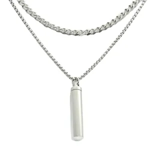 Minimalist silver titanium steel double-layer necklace with a sleek cylinder pendant