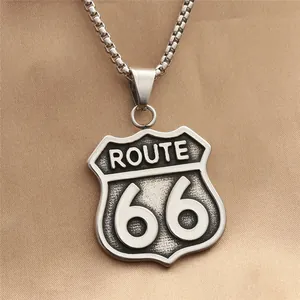 Vintage Route 66 Shield Pendant Necklace For Men Stainless Steel Titanium Biker Punk Highway Sign Silver Pendant Necklace Jewelry