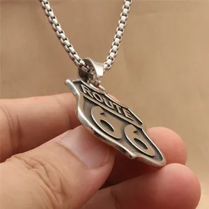 Retro stainless steel Route 66 shield pendant necklace with a vintage box chain style