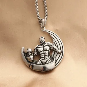 Titanium steel dumbbell fitness pendant with box chain on champagne satin background