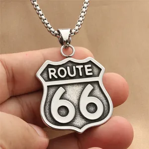 Vintage Route 66 shield pendant in distressed stainless steel with a matching chain