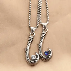 Retro Titanstahl Angelhaken Anhänger Halskette Für Herren Stammesmuster Zirkonia Punk Nautischer Stil Schmuck Geschenk