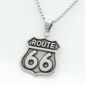 Vintage steel Route 66 shield pendant necklace with retro black engraved details