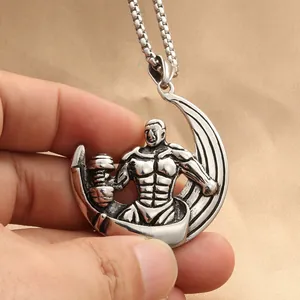 Stainless steel fitness pendant with muscular figure and dumbbell on box chain