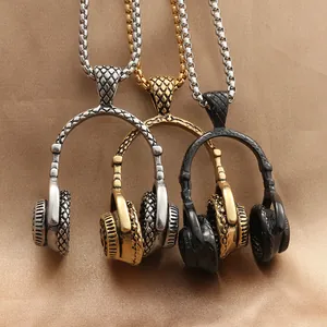 Retro Stainless Steel Headphones Pendant Necklace For Men Punk Rock Hip Hop Industrial Style Jewelry With Box Chain