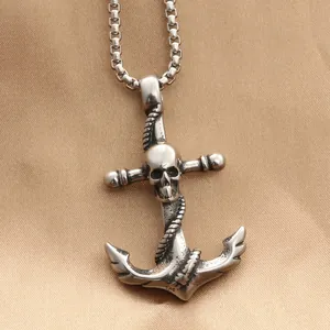 Collana Con Ciondolo Ancora Teschio Gotico Vintage Da Uomo In Acciaio Al Titanio Con Catena A Scatola Gioielli Punk Hip Hop