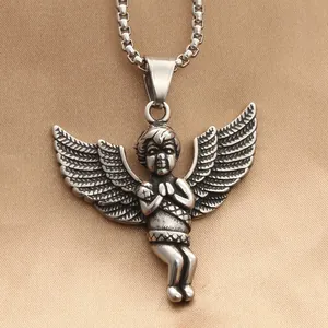 Retro Stainless Steel Praying Angel Pendant Necklace For Men Women Vintage Cupid Wings Gothic Punk Jewelry Accessories Gift