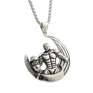 Men's retro silver dumbbell fitness pendant with muscular figure and box chain necklace