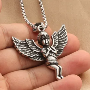 Retro angel wings titanium steel pendant with silver finish on a sturdy chain necklace
