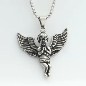 Detailed relief of a praying angel on a vintage stainless steel pendant necklace