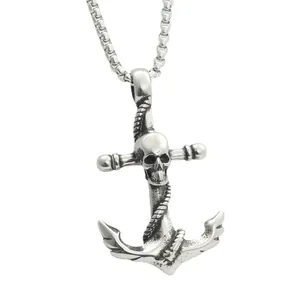 Pendente ancora con teschio punk vintage con catena box in acciaio inossidabile