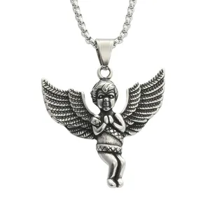 Punk vintage titanium steel angel wing pendant with round box chain for men