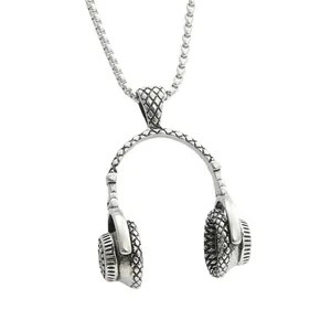 Retro stainless steel headphone pendant necklace with textured vintage silver finish