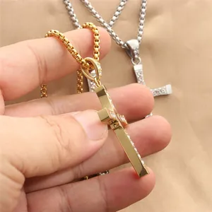 Punk style titanium steel cross pendant necklace with rhinestones in gold and silver