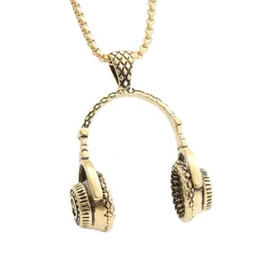Vintage gold-toned headphone pendant on a box chain for men's punk hip-hop style