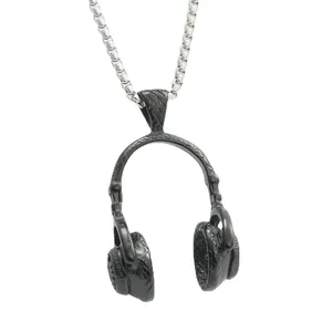 Punk style stainless steel headphone pendant necklace with black woven texture details