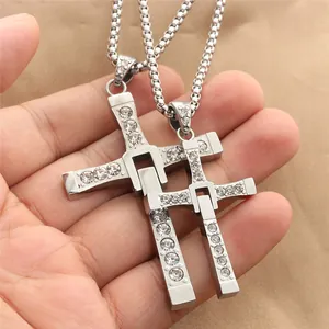 Two-piece silver stainless steel cross necklaces with zircon inlays on box chains
